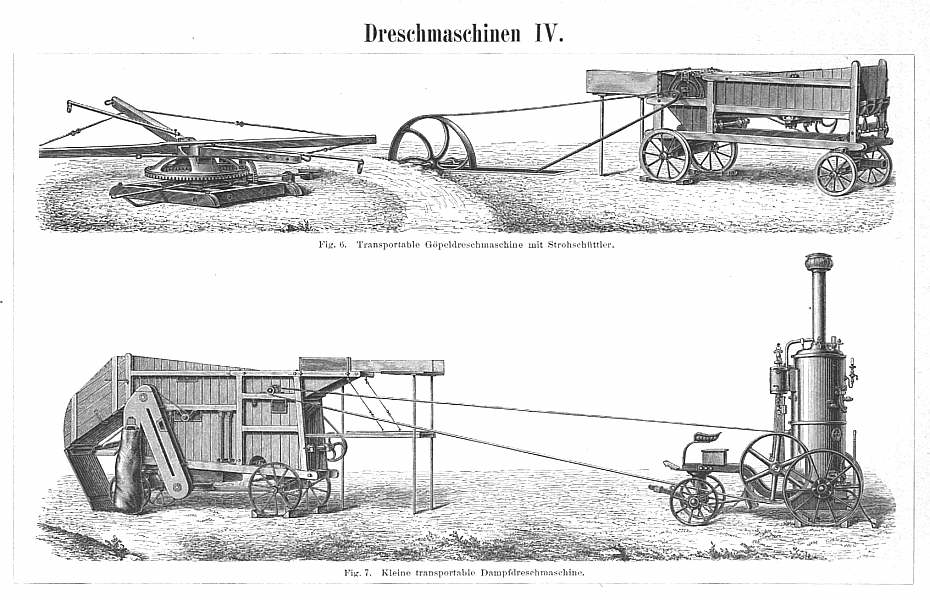 Meyers Konversationslexikon, 5. Auflage, über die Dreschmaschine